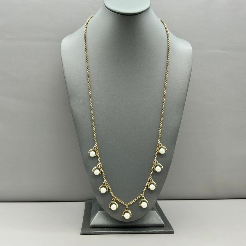 Ann Taylor Necklace Gold Tone Faux Pearl Rhinestone Dangle Long Chain Jewelry